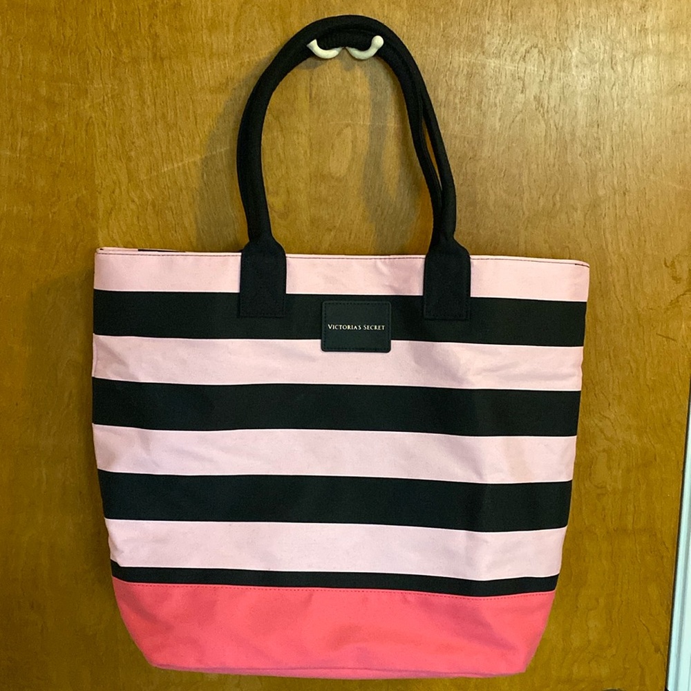 Victoria’s Secret striped tote. Pink/black.